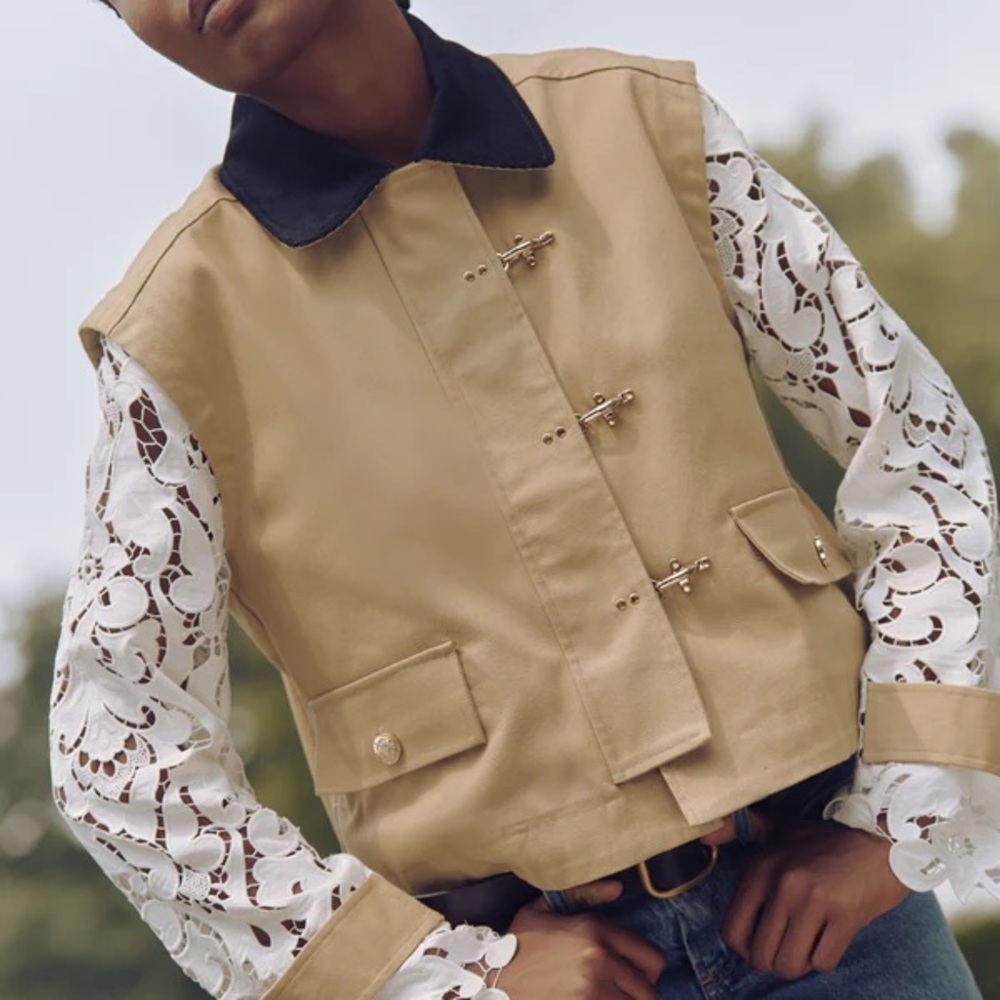Hill House Tan Vest with White Lace Sleeves